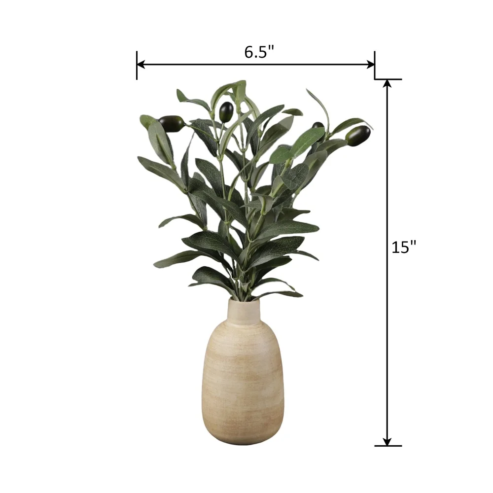 15" Artificial Olive Plant in Wood Vase – Realistic Tabletop Decor - Image 2
