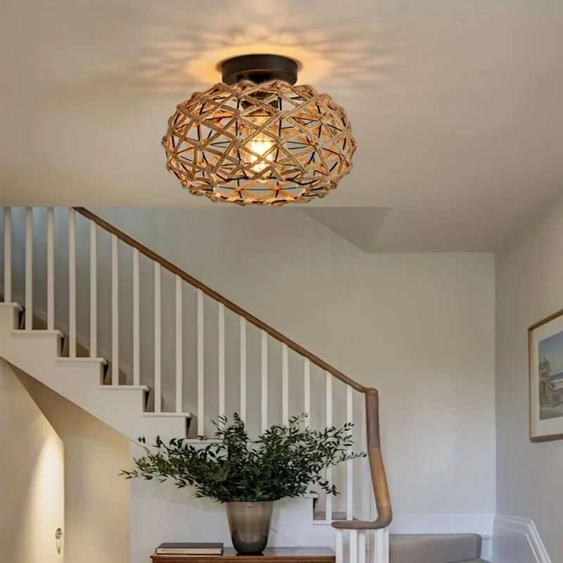 Hemp Rope Ceiling Light – Rattan Wicker Semi Flush Fixture - Image 4