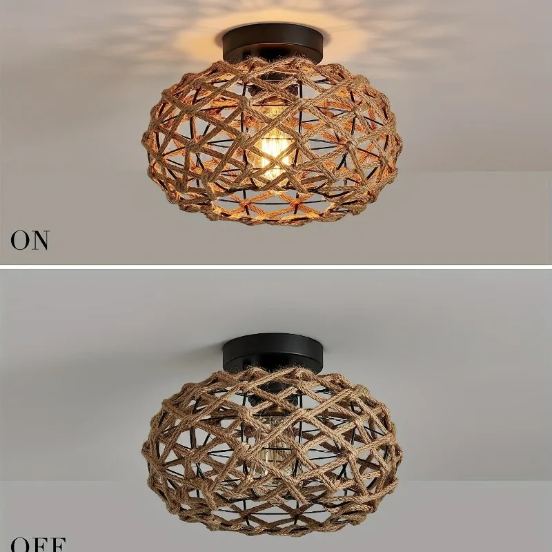 Hemp Rope Ceiling Light – Rattan Wicker Semi Flush Fixture - Image 5