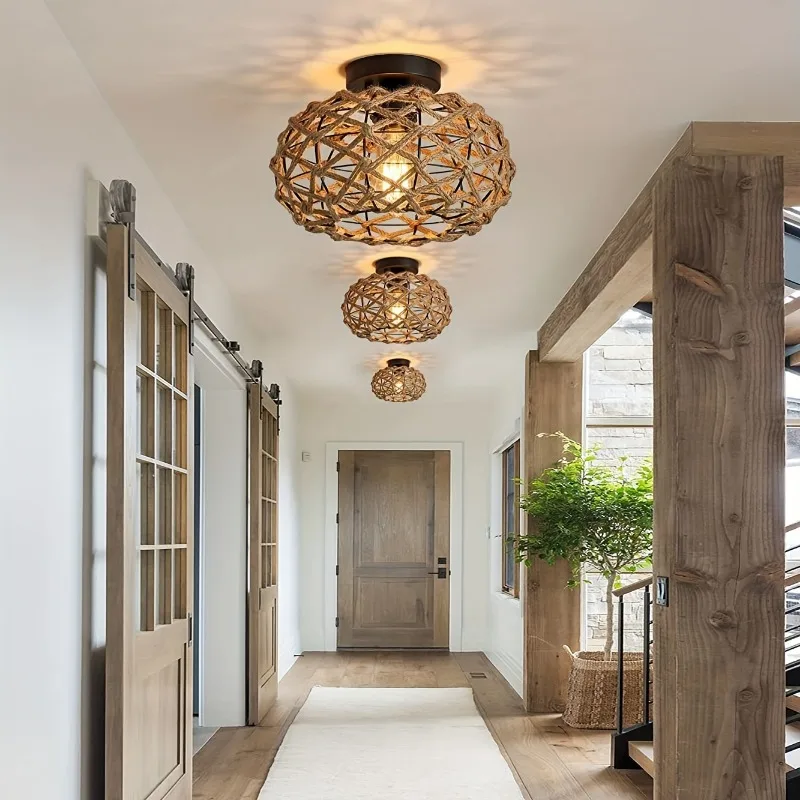 Hemp Rope Ceiling Light – Rattan Wicker Semi Flush Fixture - Image 3