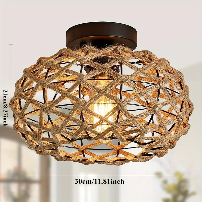 Hemp Rope Ceiling Light – Rattan Wicker Semi Flush Fixture - Image 2